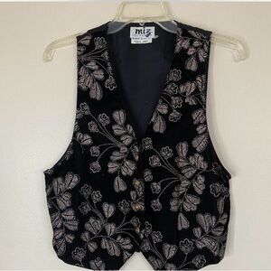 Vintage Black velvet Floral Vest with shiny floral embroidery size small NWOT